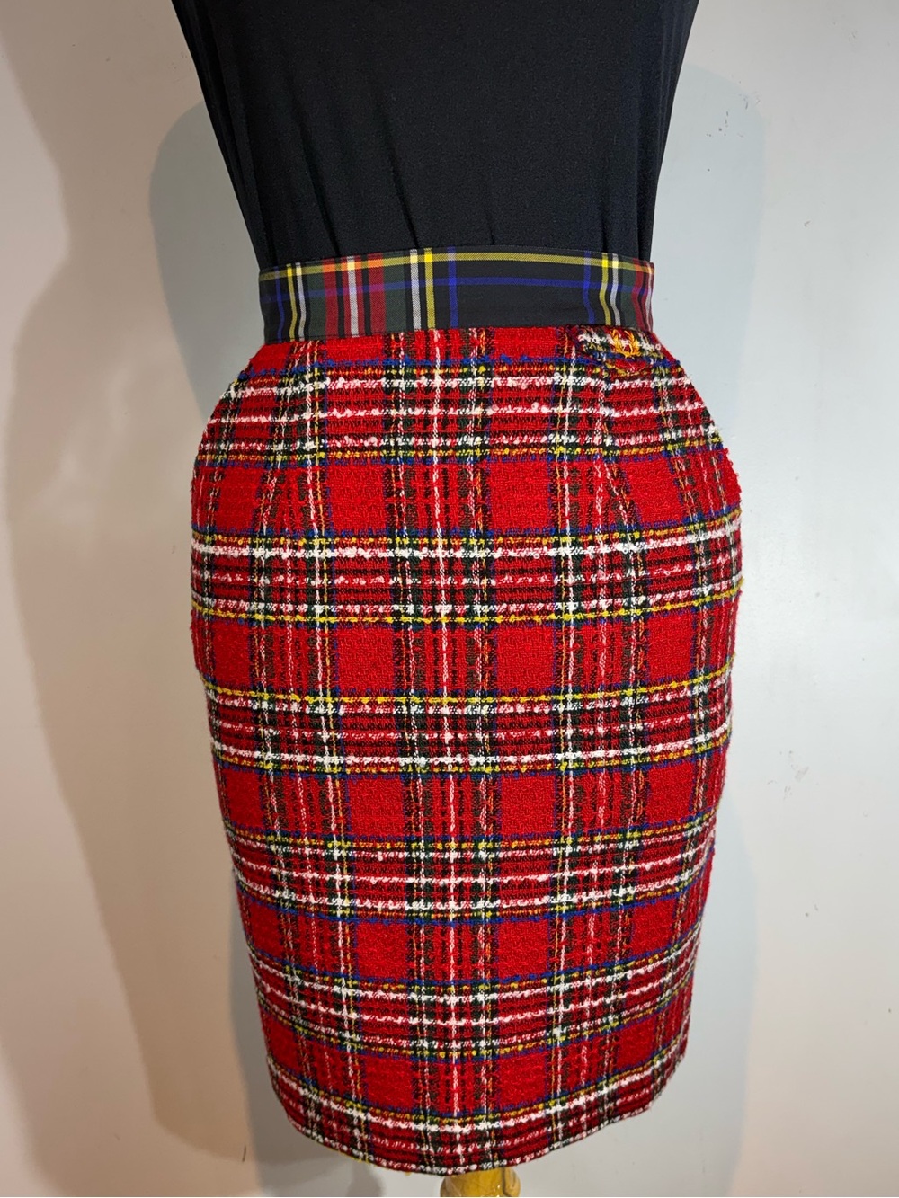 Fred Perry Red Tartan Plaid Tweed Pencil Skirt US 6